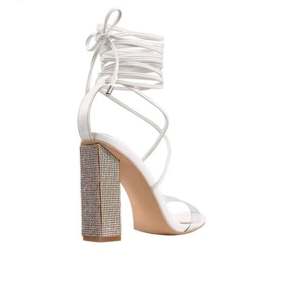 Rhinestones Block Heel Lace Up Ankle Wrap Sandals - Picture 14 of 16